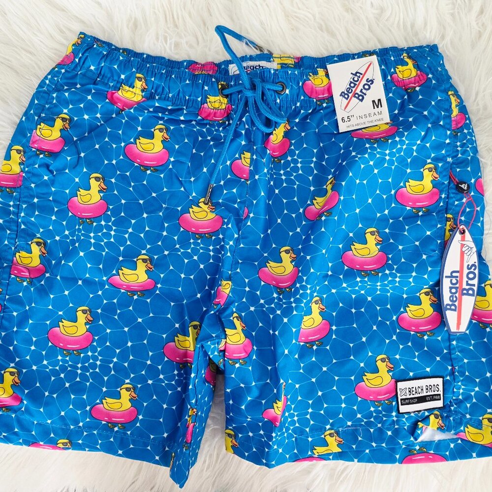 NWT- Beach Bros Men's Swim Trunks- Rubber Ducky & Blue- Medium- 6.5" Inseam